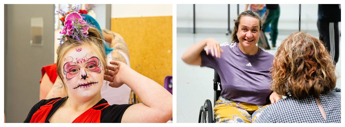 1. A dancer with face made up Mardi gras style 2. Two dancers mirroring movement in studio